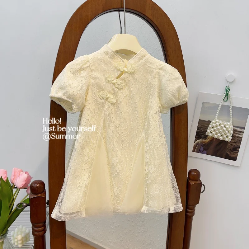 Girls Cheongsam Dress2024New Western Style Children Summer Dress Chinese Style Baby Han Chinese Costume58611