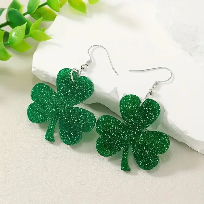 St. Patrick\'s Day Green Hat Clover Decor Bling Bling Dangle Earrings Cute Vacation Style Lucky Female Earrings