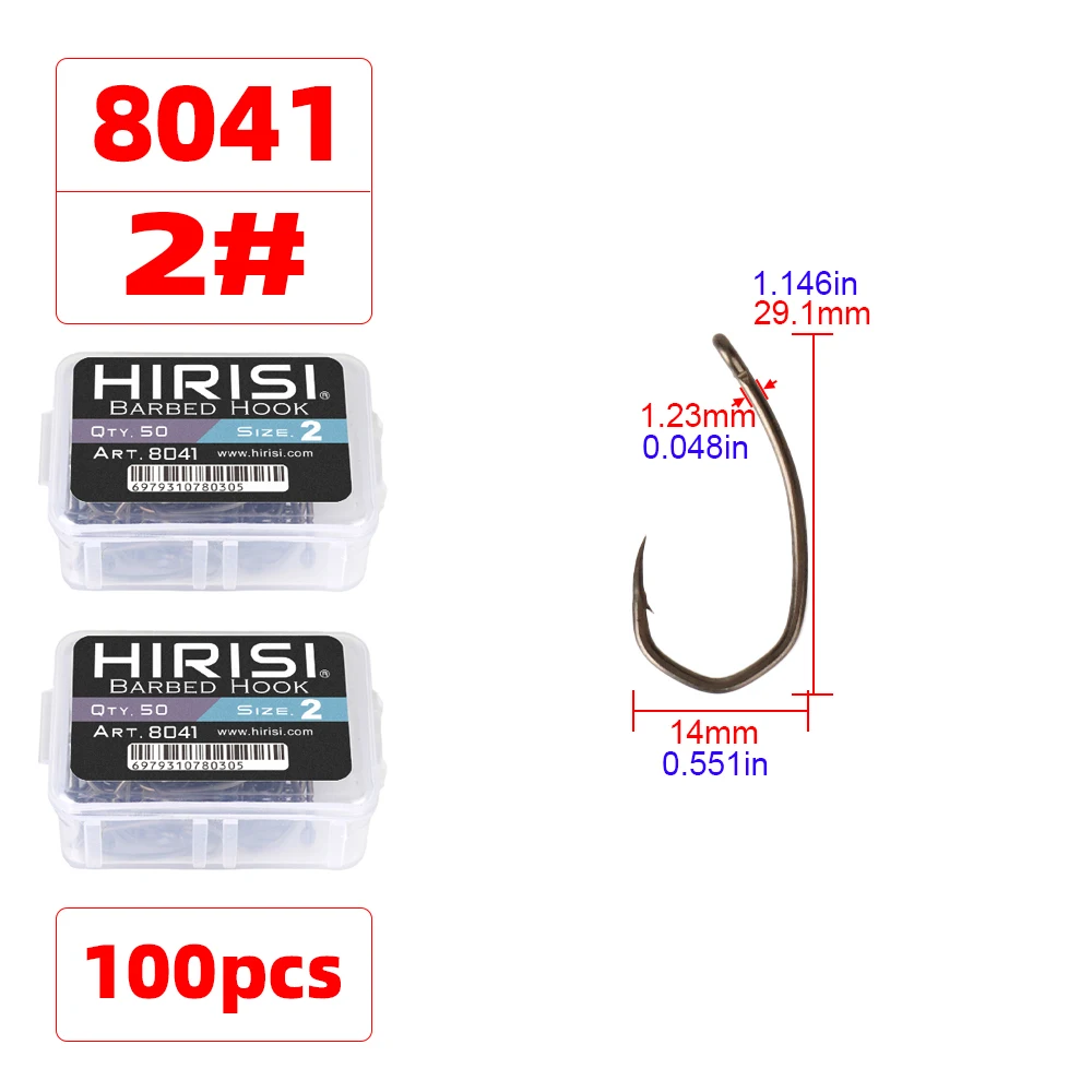 Hirisi 8041 50 Stück PTFE-beschichtete Angelhaken aus Hochkarbon-Edelstahl Rostfrei Scharfe Spitze mit Widerhaken und Öse für Angelzubehör