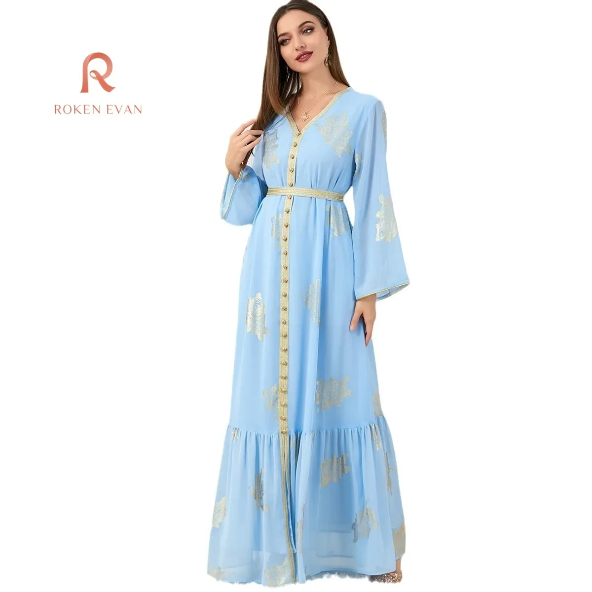 ROKEN EVAN 2024 Jalabiya kaftan dubai turkey golden ribbon trim loose muslim arabic islamic clothing party robe moroccan dress