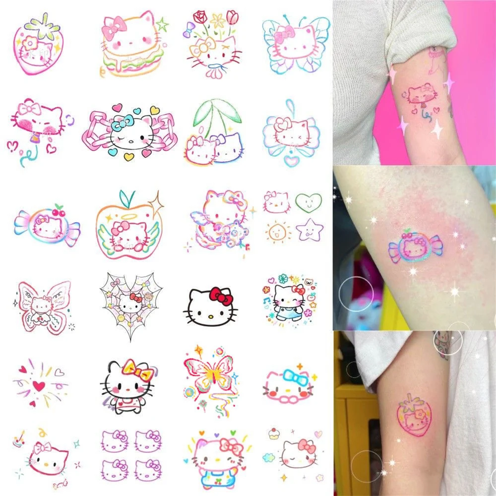 Tatuajes coloridos de Hello Kitty para niñas, calcomanías Kawaii de dopamina, tatuajes falsos temporales, juguetes para el brazo y el cuerpo, 24/25