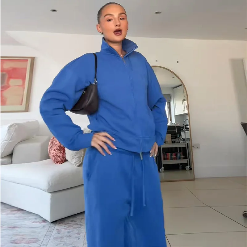 Damen-Hosen-Sets mit Stehkragen, Langarm-Reißverschlussjacken, Kordelzug-Taille, Gerade Hosen, Herbst-Outfit für Frauen, Einfarbig, Locker Geschnitten, Neu – Detail 4