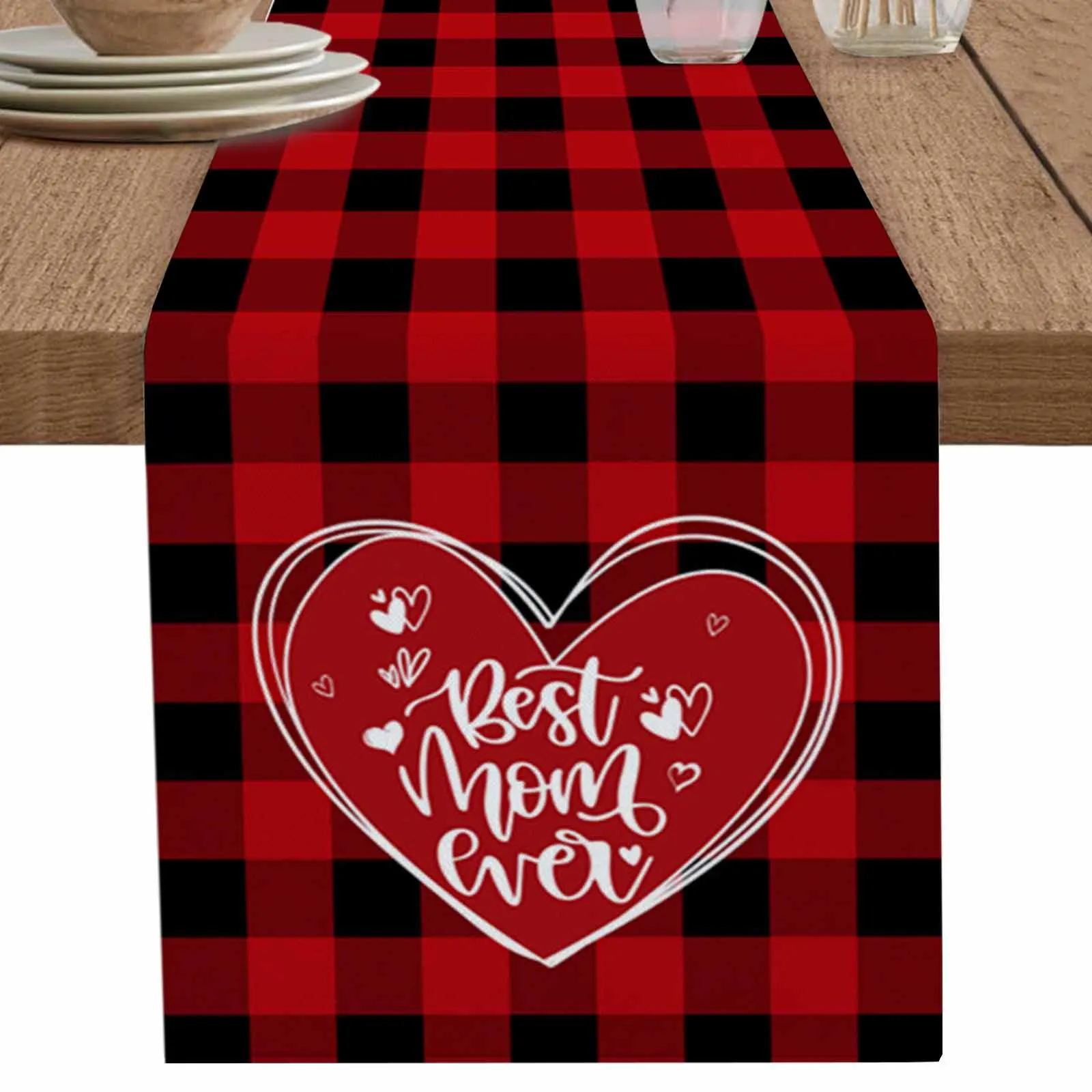 

Best Mom Ever Heart Table Runner Cotton Linen Wedding Dinner Decor Table Flag Holiday Home Tea Table Decoration