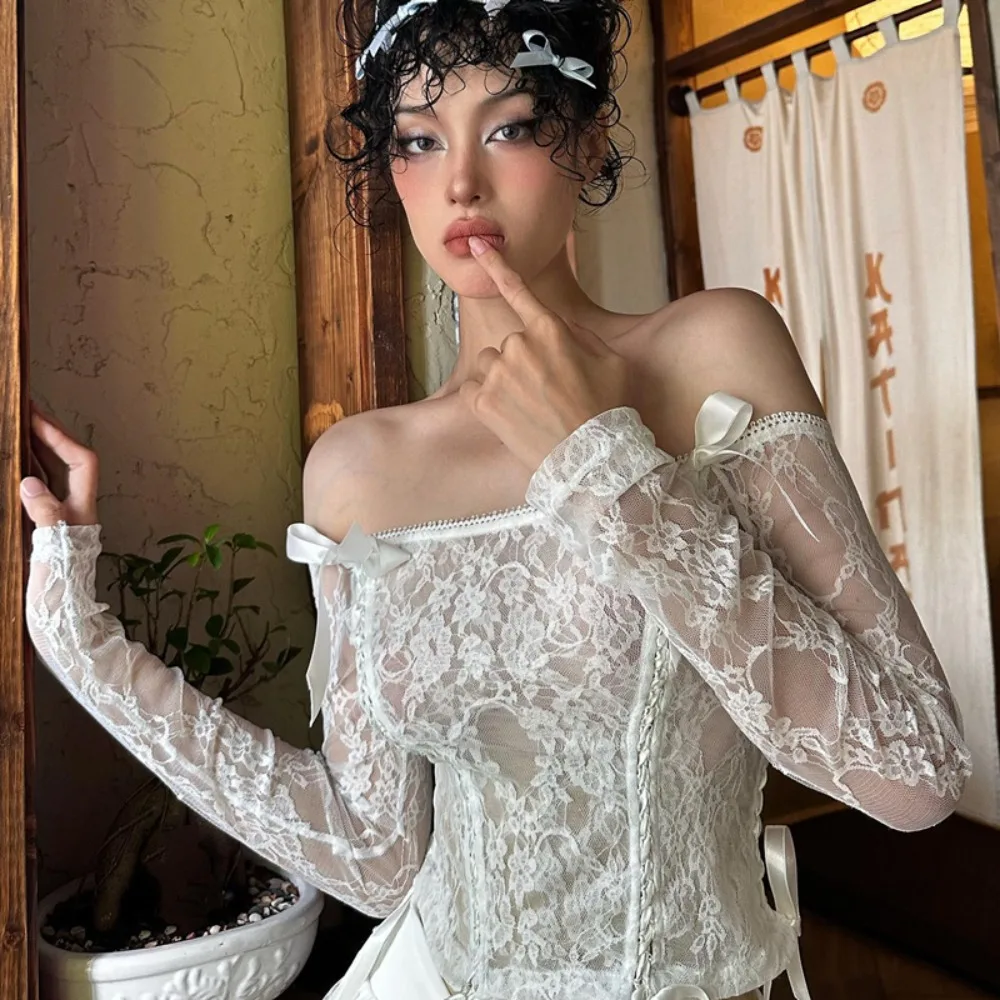 Retro Lace Veja Através de Conjuntos de Mini Saia, Alças de Gravata Feminina, Roupas Ruffle, Data, Y2K, 1 Conjunto