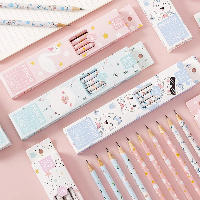 

6pc/10pc Set Kawaii HB Cartoon Pencil With Erasers Student Stationery Lapices канцелярия Wooden Drawing Pencils Art Supplies