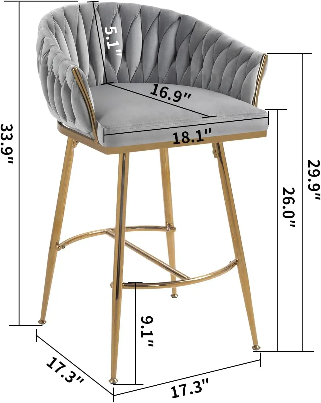 Modern Velvet Counter Stools Set, Counter Altura Barstool, cadeira de bar de luxo com tecido traseiro, Mid Century Modern Bar, 26 polegadas, conjunto de 2