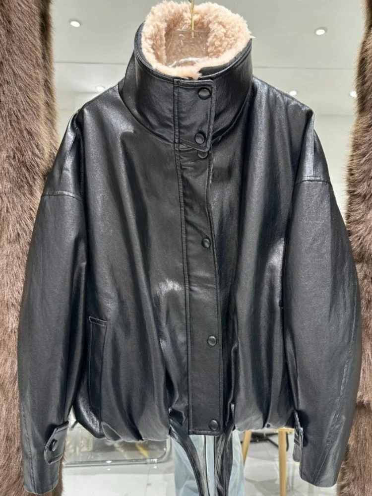 

Women's Winter Down Jacket Lambswool Fur Jacket Women Duck Down Coats and Parks Faux Leather Jacket Lightweight Padded Jackets