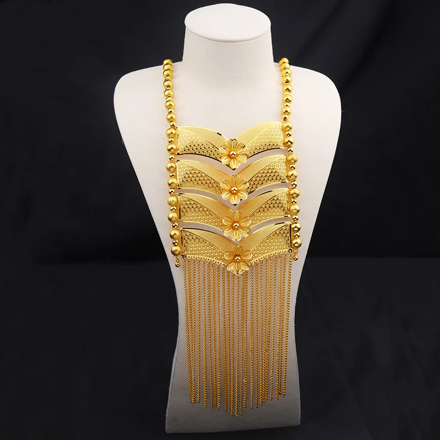 Dubai Indian Necklace Earrings Big Pendant Tassel Jewelry Set Gold Color For Women Nigeria African Bridal Wedding Party Jewelery