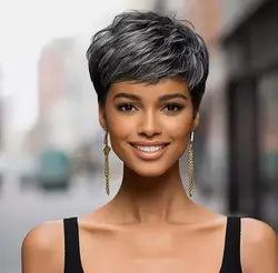 Short Black Mixed Gray Pixie Cut Wig Natural 100% Human Hair  Wigs Natual Looking