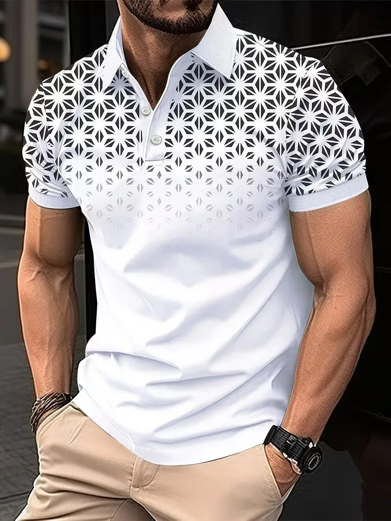 

Men's summer classic solid color diamond grid print men's lapel Polo fashionable and comfortable loose oversized men's clothing
