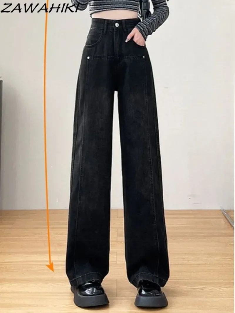 Spring Autumn Black Straight Solid Color Casual Loose Baggy Jeans Women High Waist Wide Leg Y2K Aesthetic Denim Pants Streetwear