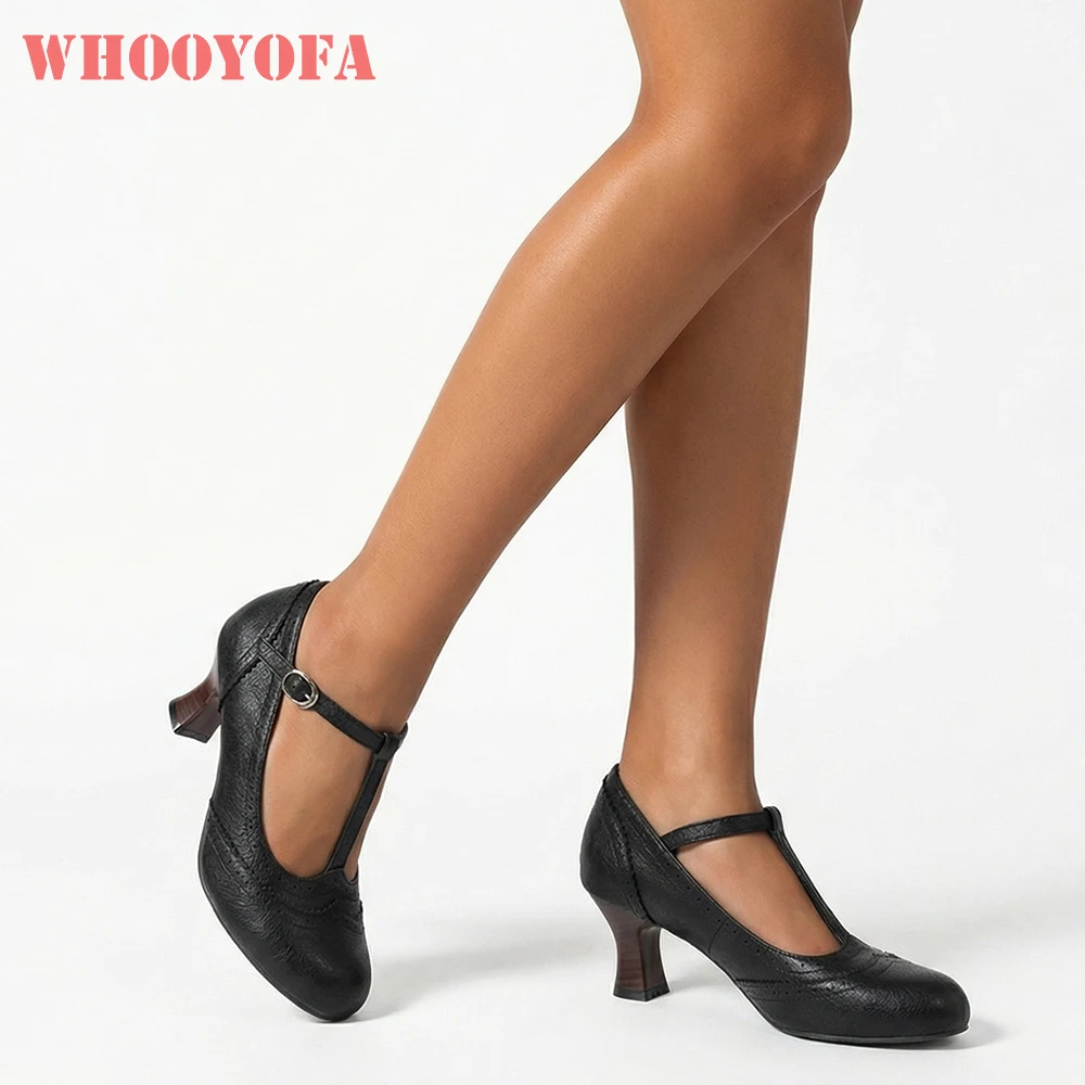 

2026 Spring Plus Size 32-50 Soft Women Pumps Round Toe 6CM Kitten Heel Lady Daily Shoes,Non-Slip,T-Bar Perforated