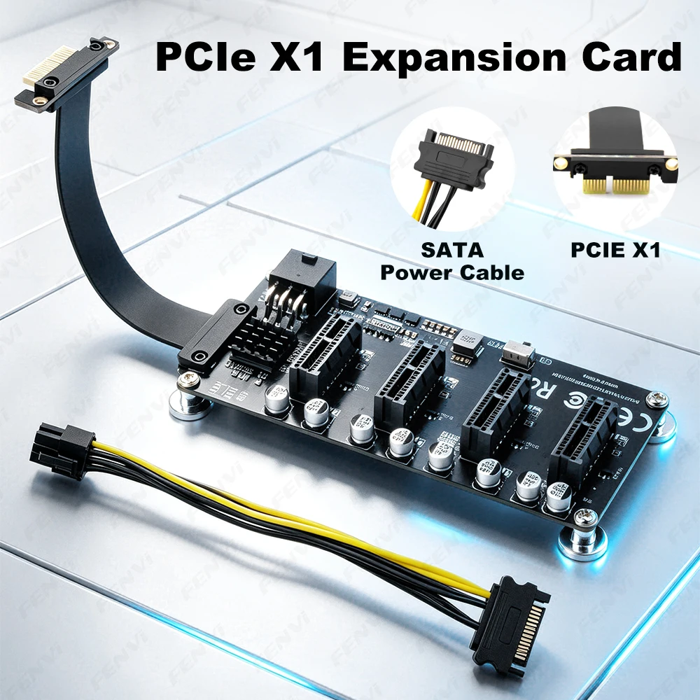 PCIe X1 Expansion Card with SATA Power Cable Riser Adapter 3 Slots Multi PCI-E X1 Extender for Desktop PC Mining Network Card