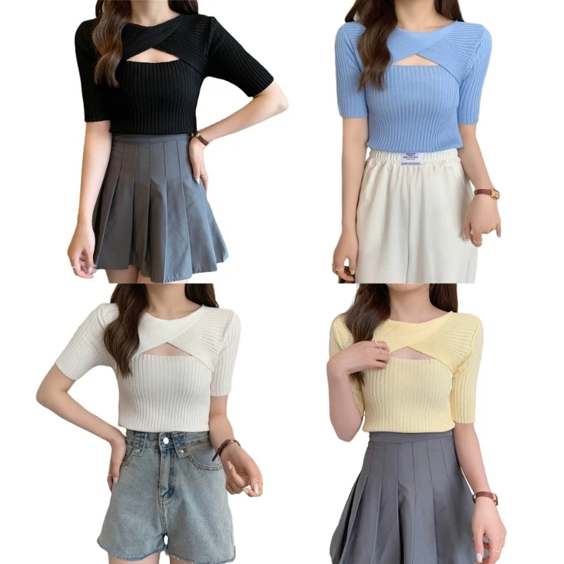 Hollow out Knitted Tops Short Sleeve Shirt for Women Sophisticated Blouses