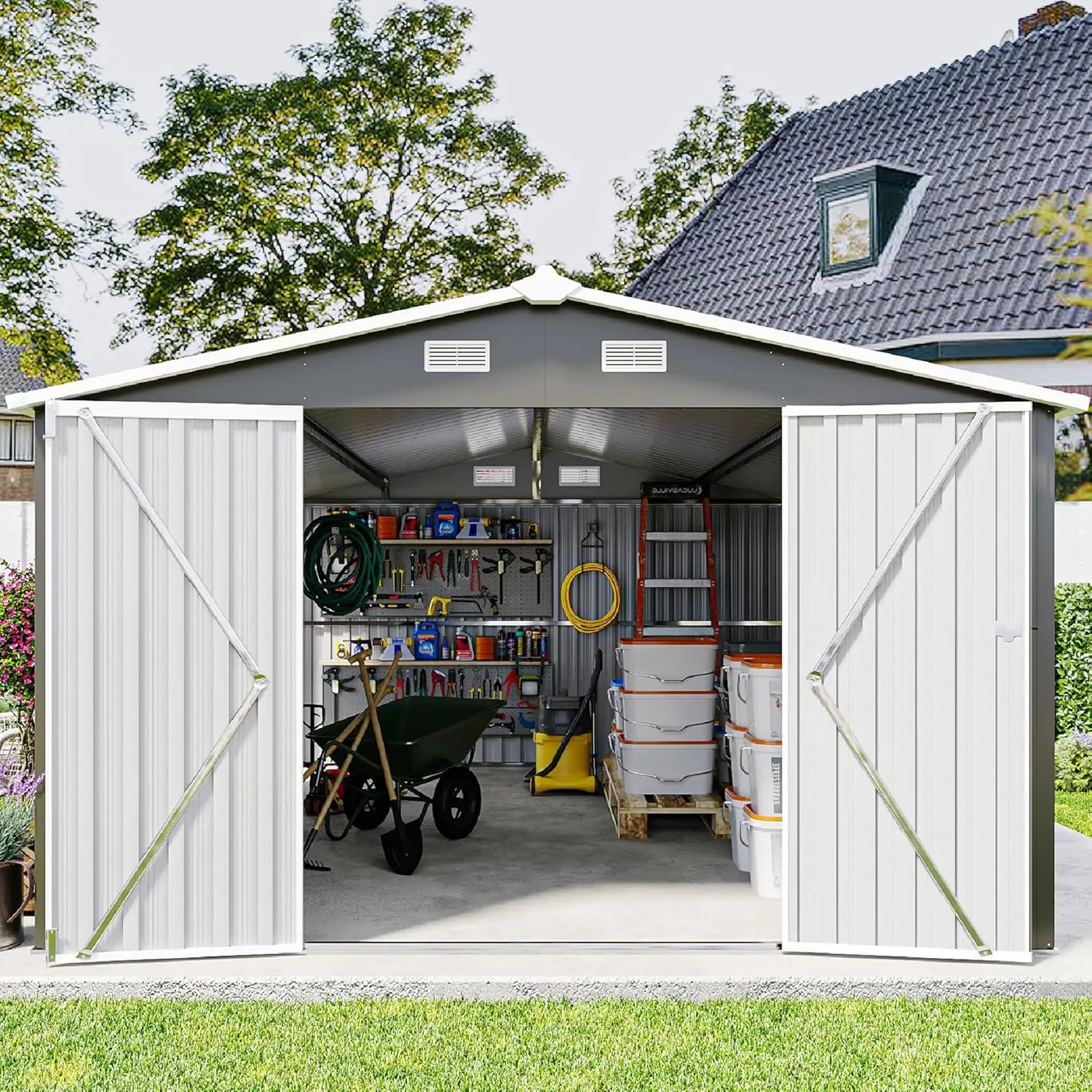 

Металлический сарай для хранения 10x14 футов, большой садовый сарай с крышей и запираемыми дверями, хозяйственный сарай с каркасом и 4 вентиляционными отверстиями для патио