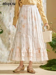 MISHOW falda Floral con pintura de lavado de tinta para mujer Primavera Verano 2024 faldas elegantes de cintura elástica con dobladillo con volantes en capas MXD15B0234