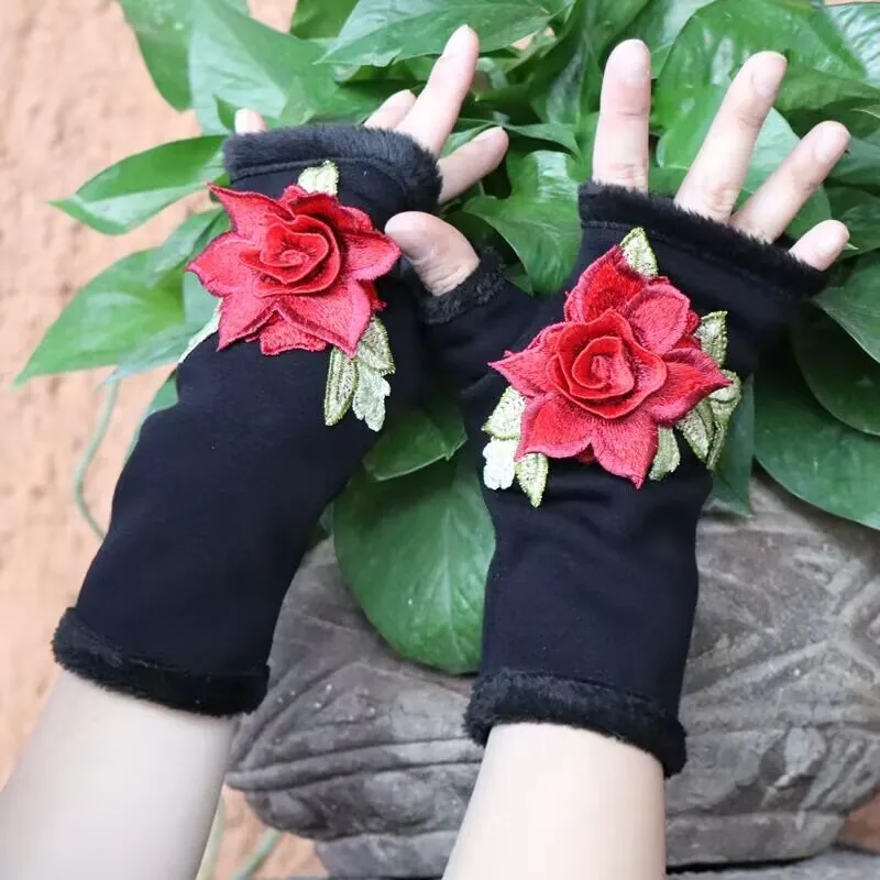 

Winter Warm Embroidered Fingerless Gloves For Women Cotton Hand Touch Screen Gloves For Women Mothers Day Teacher Gift