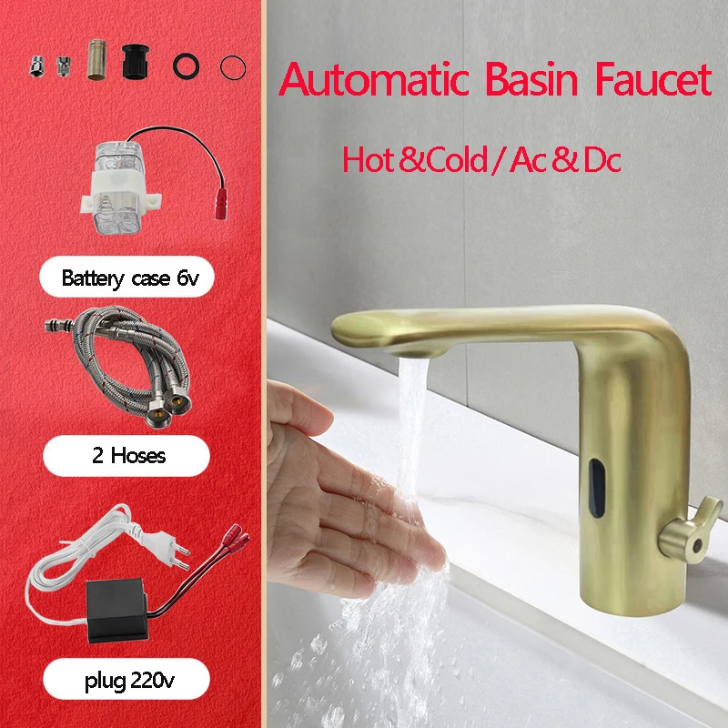 Automatic smart faucet with brushed gold color taps body brass copper material mixer water cold & hot ac plug 220 battery power