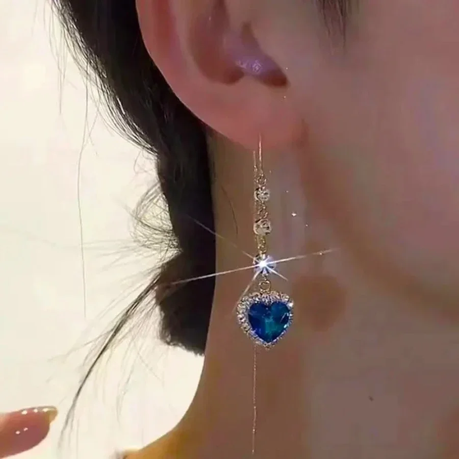 Blue crystal love earrings women\'s light luxury high-end long face thin earrings temperament versatile earrings