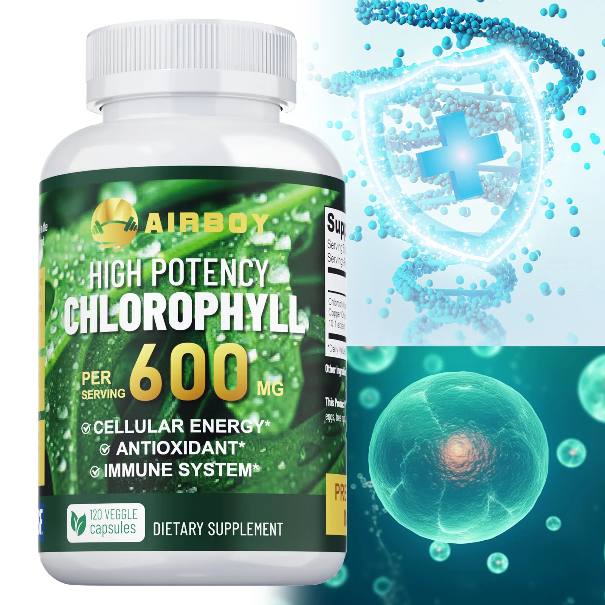 

Chlorophyll Capsules 600mg - Remove Body Odor Naturally, Smelling Breath, Skin Health - 120 Capsules