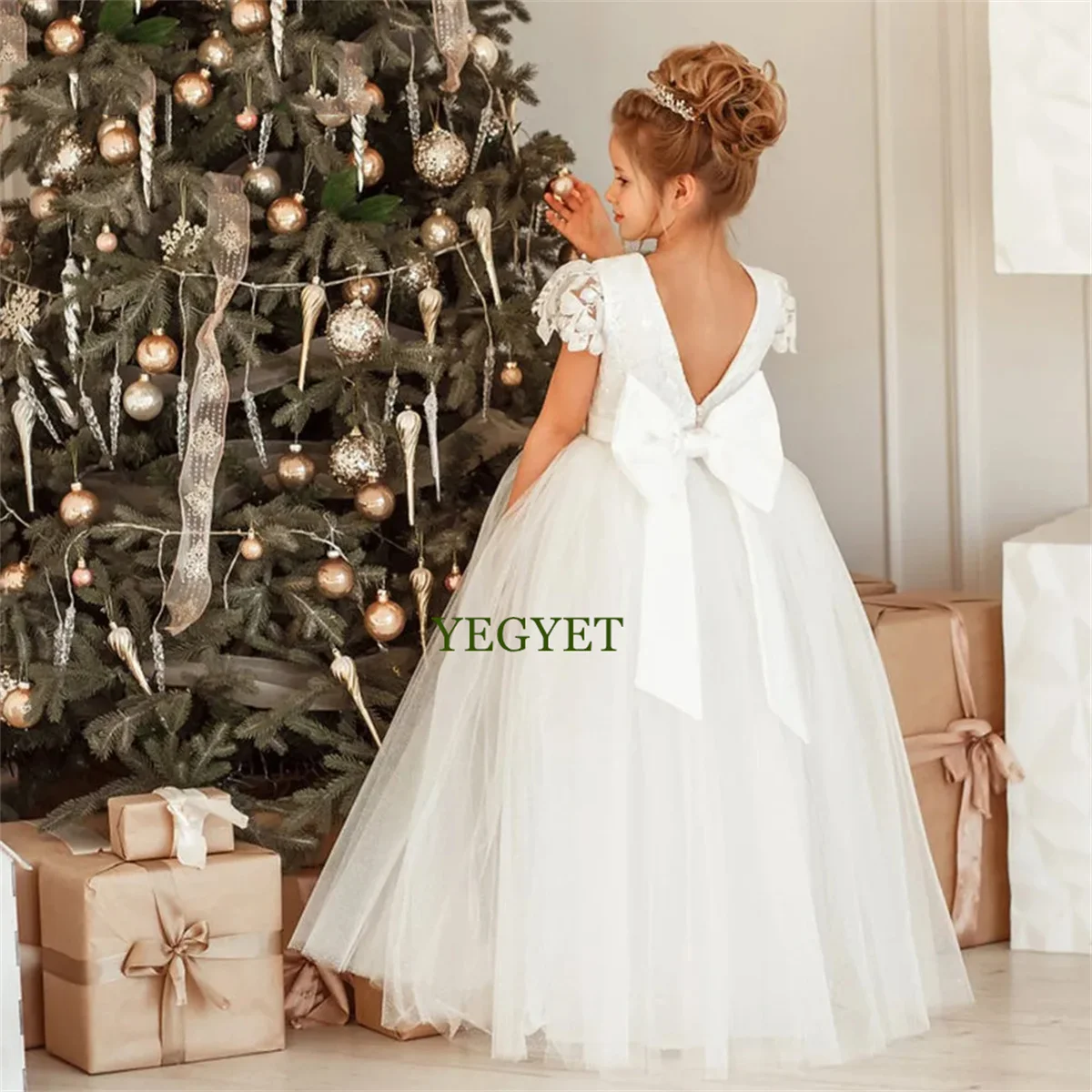 

Kids Champagne Puffy Flower Girl Dress Pearls Beadings Bow First Communion Dresses Tulle Sashes Kids Little Bride Dresses