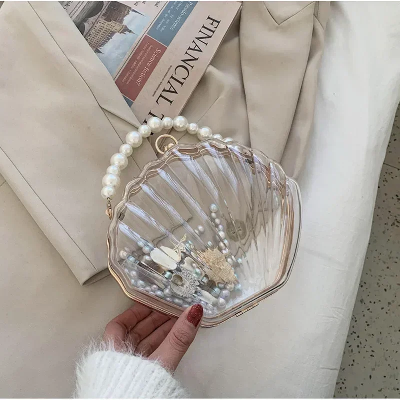 Transparent Acrylic Women\'s Bag Luxury Clear Shell Shape Evening Bag Pearl Chain Crossbody Bags For Female Purse Handbag