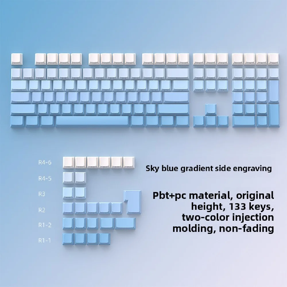 2026 Neue himmelblaue, seitlich gravierte Hintergrundbeleuchtung, 133 + mechanische Tastenkappen, PBT Double Shot, Originalhöhe für mechanische Tastatur