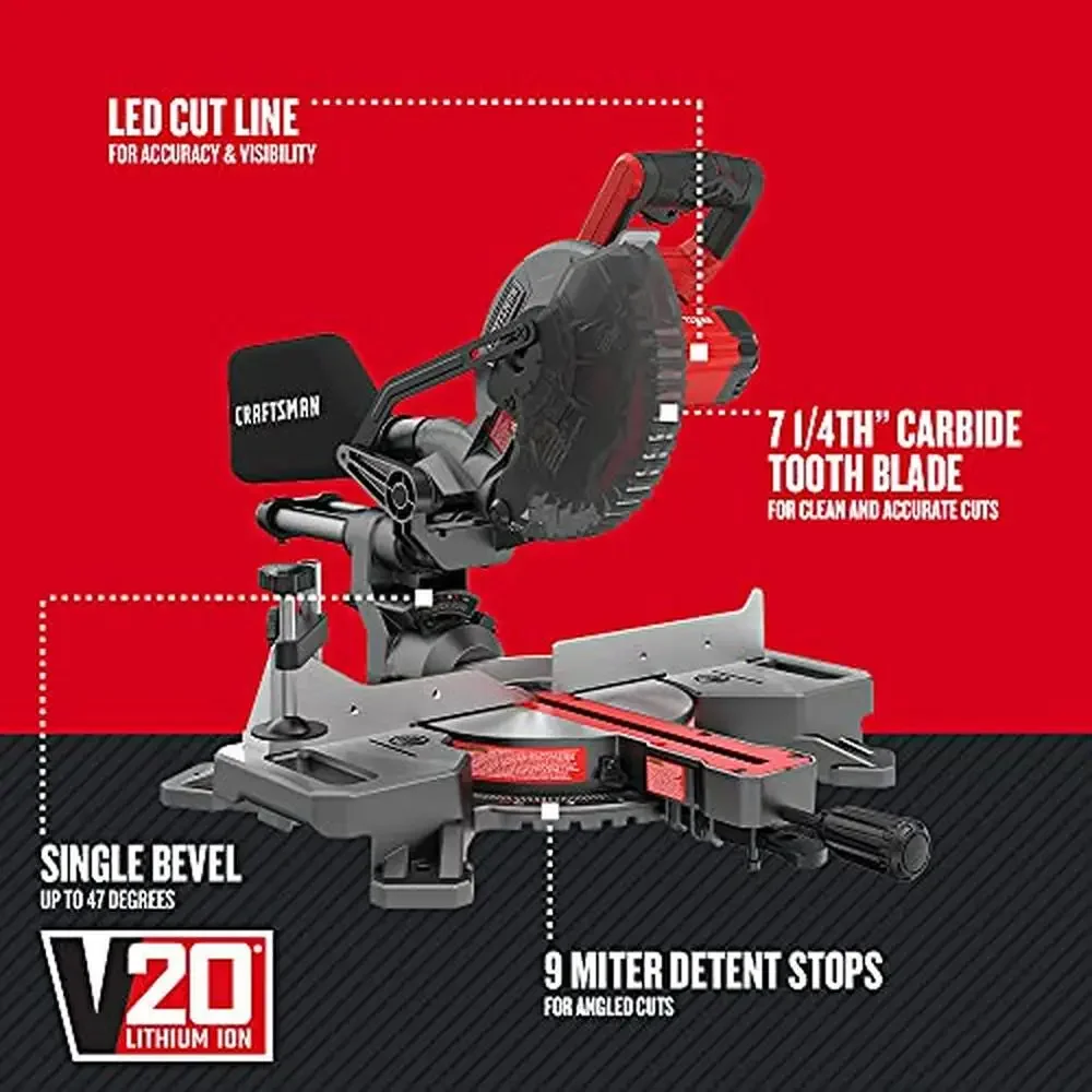 V20 Portable Cordless Sliding Miter Saw 7-1/4 inch Powerful Motor LED Cut Line Lightweight Design Battery and Charger Included