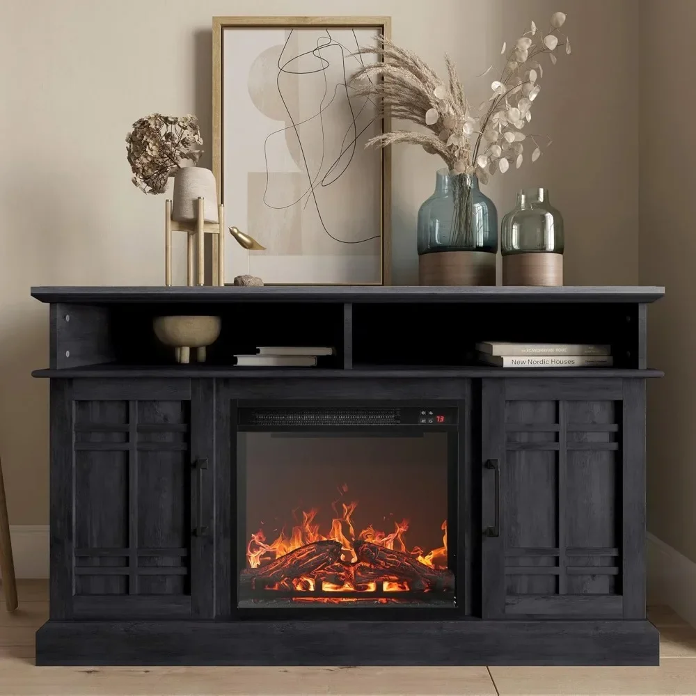 

Modern TV Stand for TVs up to 50", 48" TV Stand with 18" Electric Fireplace Heater, Entertainment Media Stand with Open Shelves