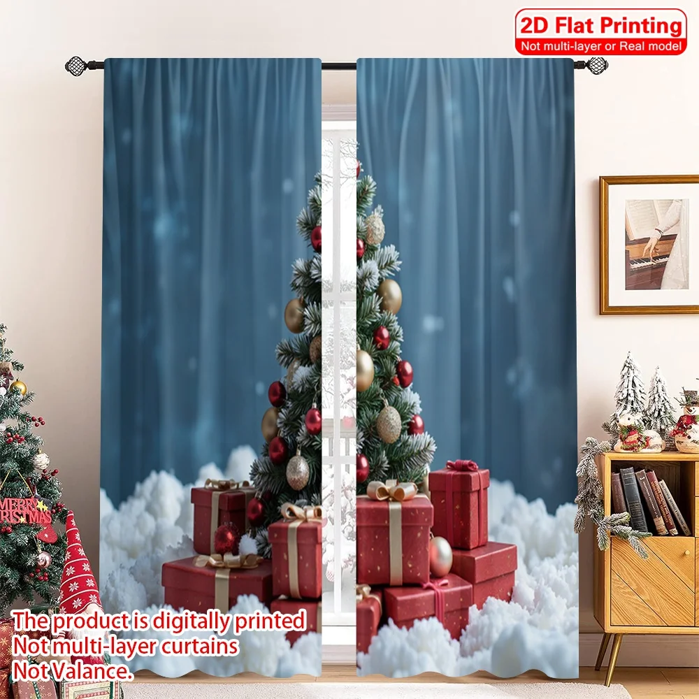 

2pcs 2D flat printing Merry Christmas Curtain Christmas Tree Red Gold Ornaments Polyester Without Electricity Festive Holiday
