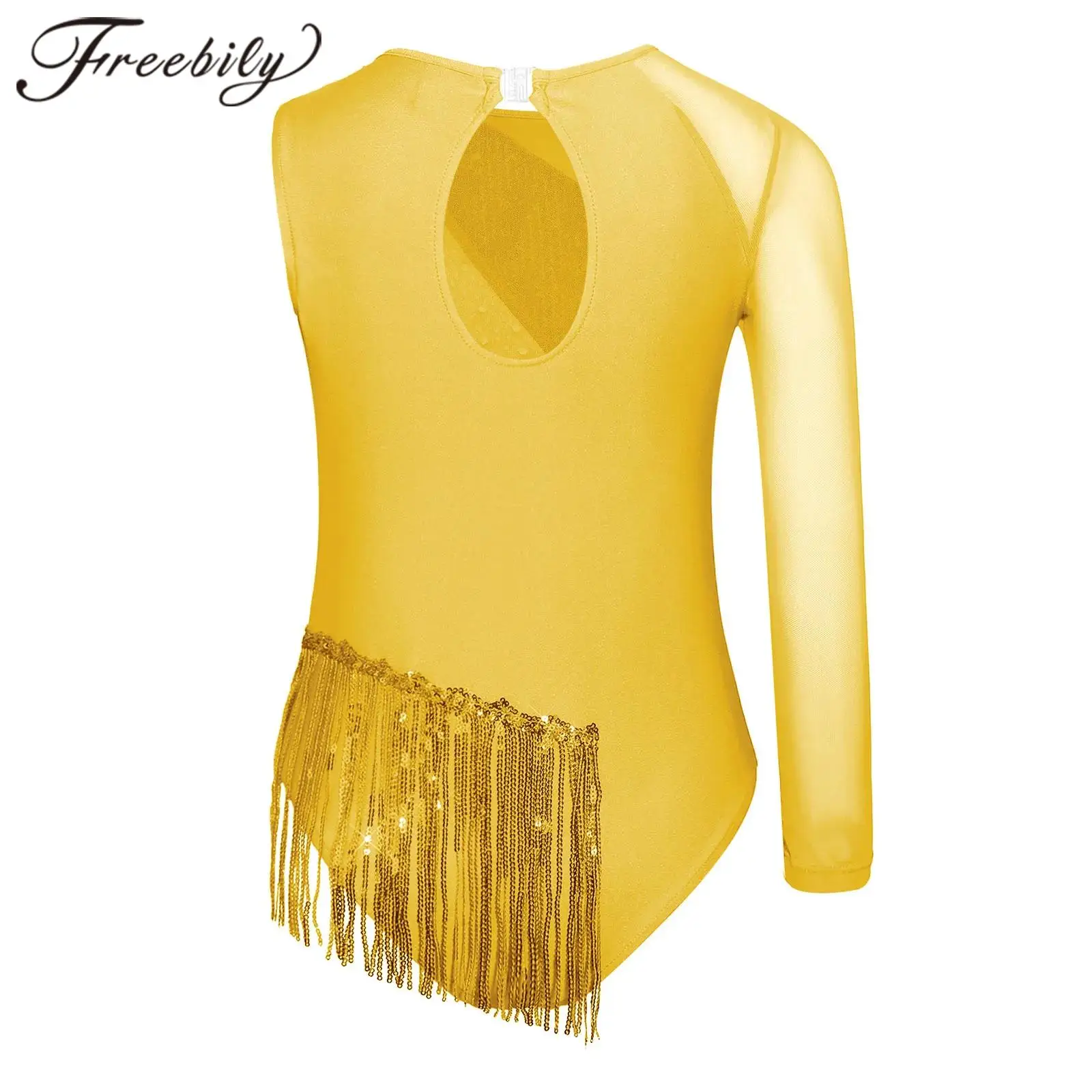 

Костюм для выступлений: блестящий балетный купальник для девочек со стразами, пайетками и бахромой, для латиноамериканских танцев