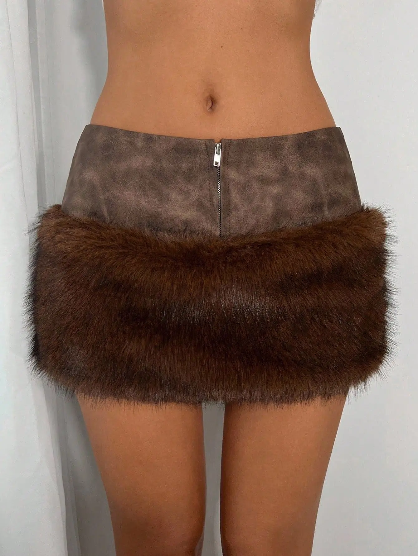 Gtpdpllt Faux Fur Furry Soft leather Patchwork Mini Skirts Women High Street Sexy Midnight Hottie Wild Party Classic Bottoms