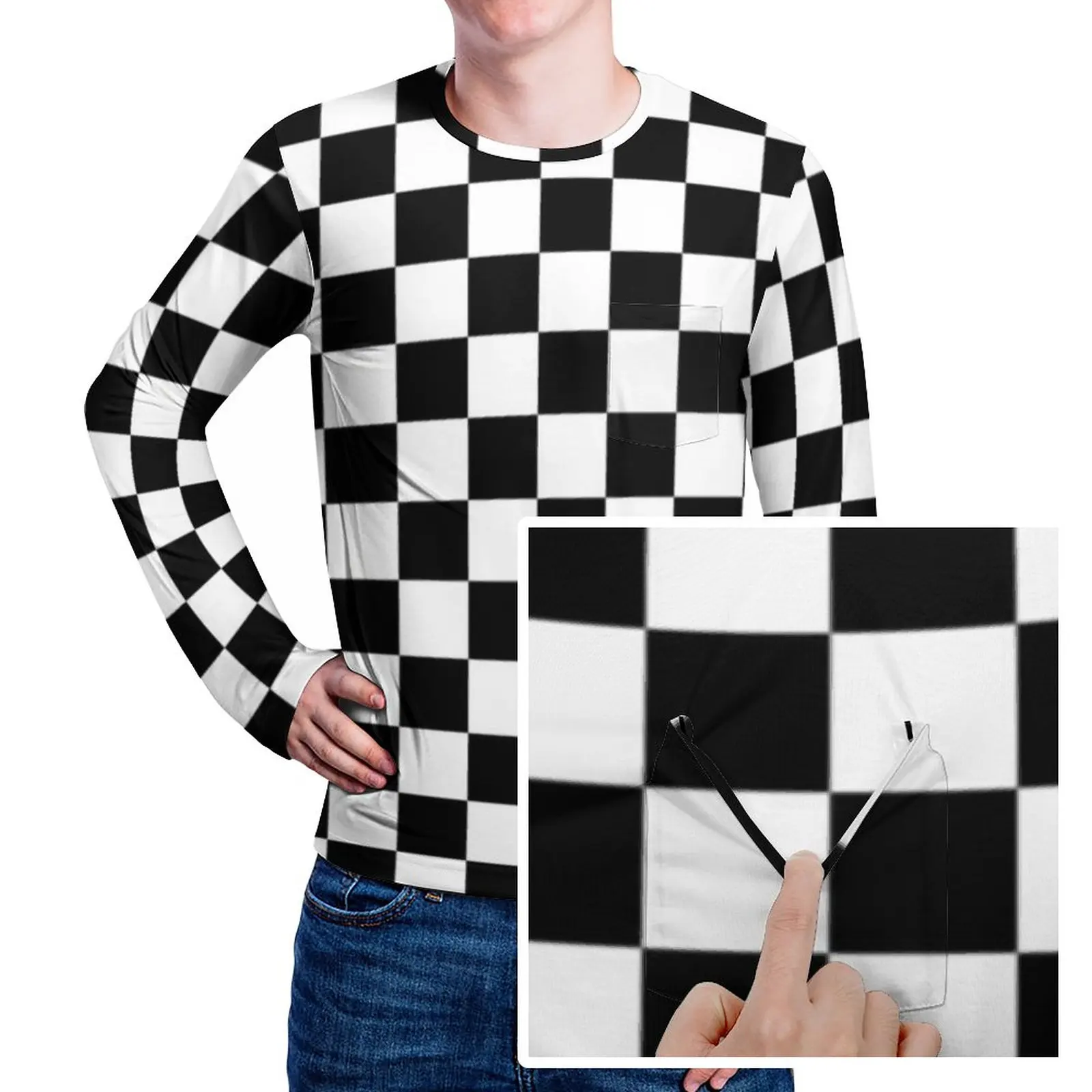 Black Checkerboard T-Shirt Spring Classic Black and White Checker Streetwear T-Shirts Man Trendy Pattern Tshirt Large Size 5XL