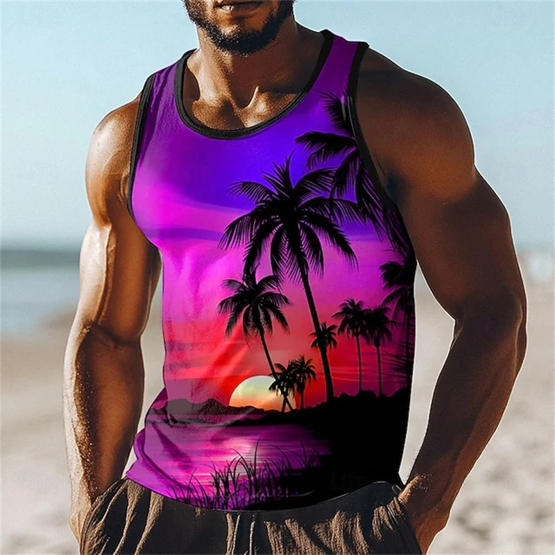 Image of Neues modisches Herren-Tanktop mit Sonnenuntergang-Palmenmotiv, tropisches Grafik-Design, ärmelloses T-Shirt für Herren, Weste, Sommerurlaub, lässige Urlaubsoutfits
