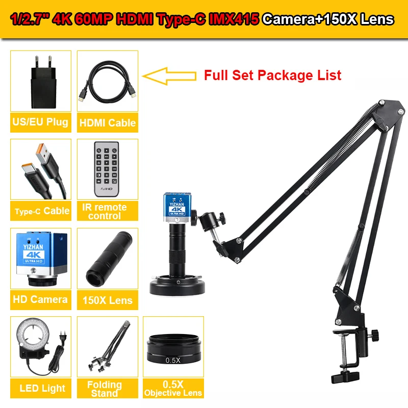 YIZHAN 4K 60MP UHD Microscoop voor Solderen HDMI Type-C 1080P 60FPS Camera 150X 0.3X/0.5X/2X Lens Opvouwbare standaard voor reparatiegereedschap