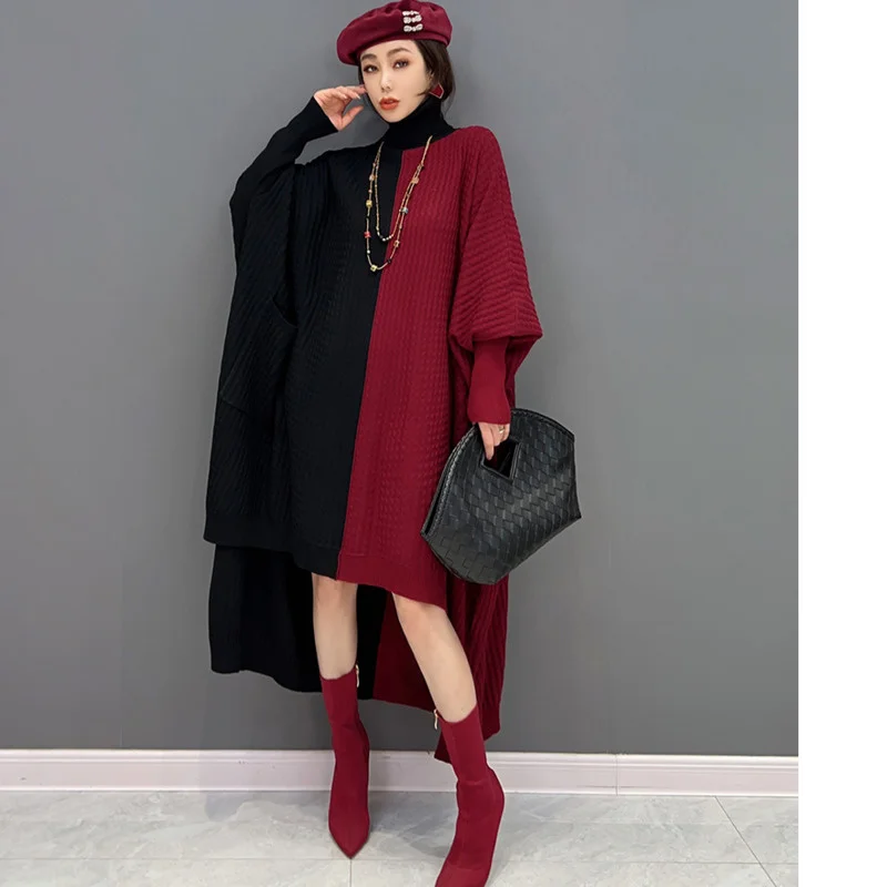 2024 Spring Autumn Turtleneck Pullover Dress Loose Color Blocking Irregular Knitting Bat Sleeve Dress Women LX452S