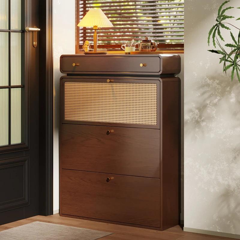 

Solid wood rattan ultra-thin shoe cabinet, narrow tipping bucket storage cabinet at the entrance of the home, and antique small
