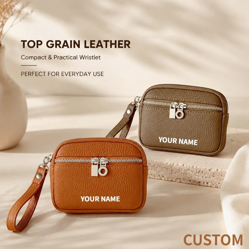 Women Genuine Leather Mini Wallet Top Grain Leather Double Zipper Coin Purse Personalized Clutch Bag Small Storage Pouch
