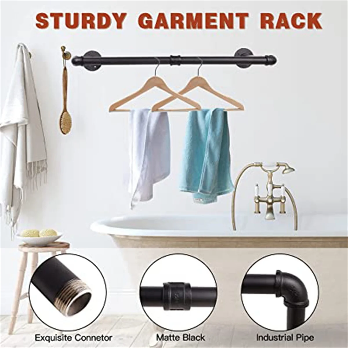 Industrial Pipe Clothes Rack Wall Mounted Heavy Duty Pipe Shelves for Hanging Clothes Coats Laundry Room,