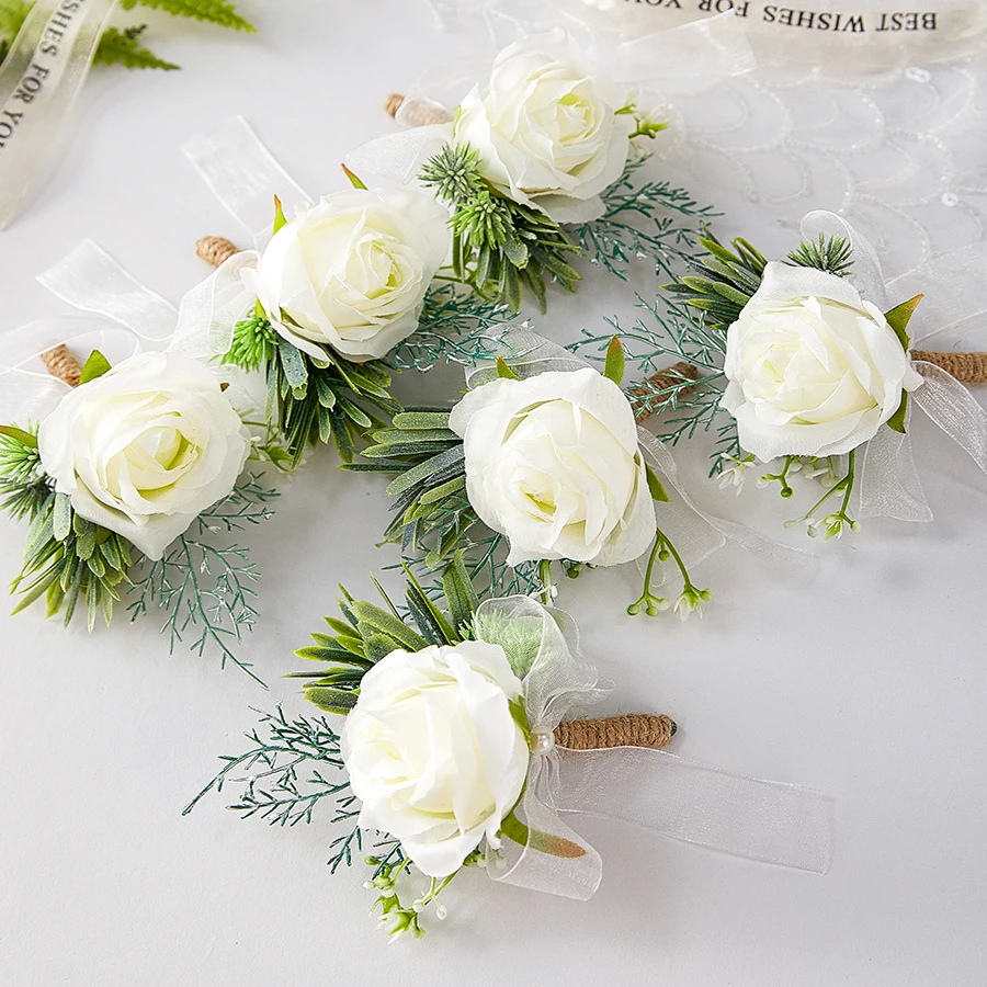 6Pcs Ivory Artificial Peony Rose Wrist Corsage Handmade Bride Wristband Men Boutonniere for Groom Wedding Party Prom Suit