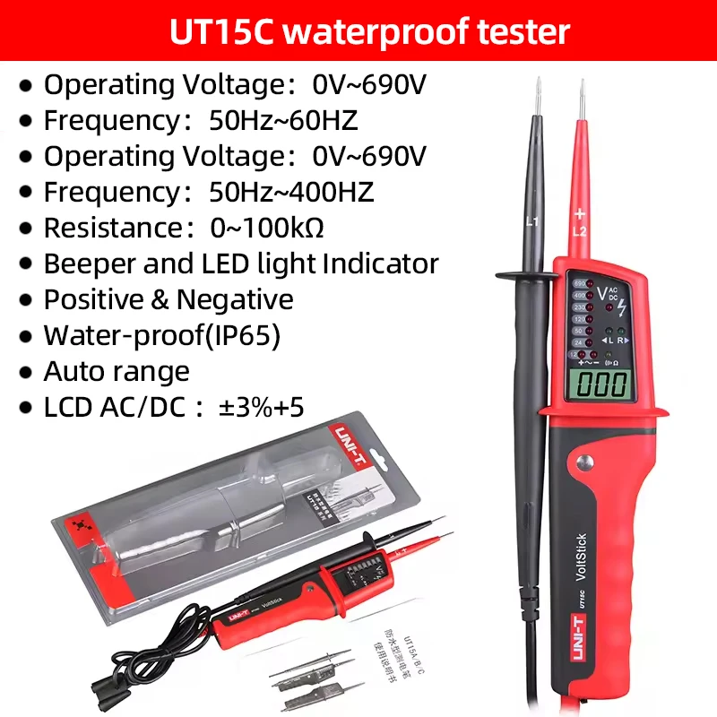 UNI-T UT15B UT15C Voltage Tester Digital Voltmeter Voltage Detector Probes 3 Phase Sequence Continuity Multimeter