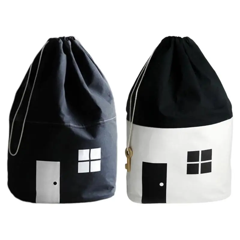 

G6KF Childrens Playroom Cotton Canvas Drawstring Bag with Decorative House