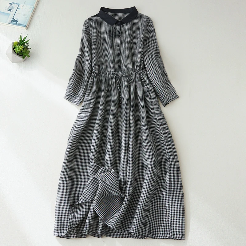 Harajuku Japanese Style Linen Plaid Dress For Women Summer Half Sleeve Drawstring Loose Casual Long Dress