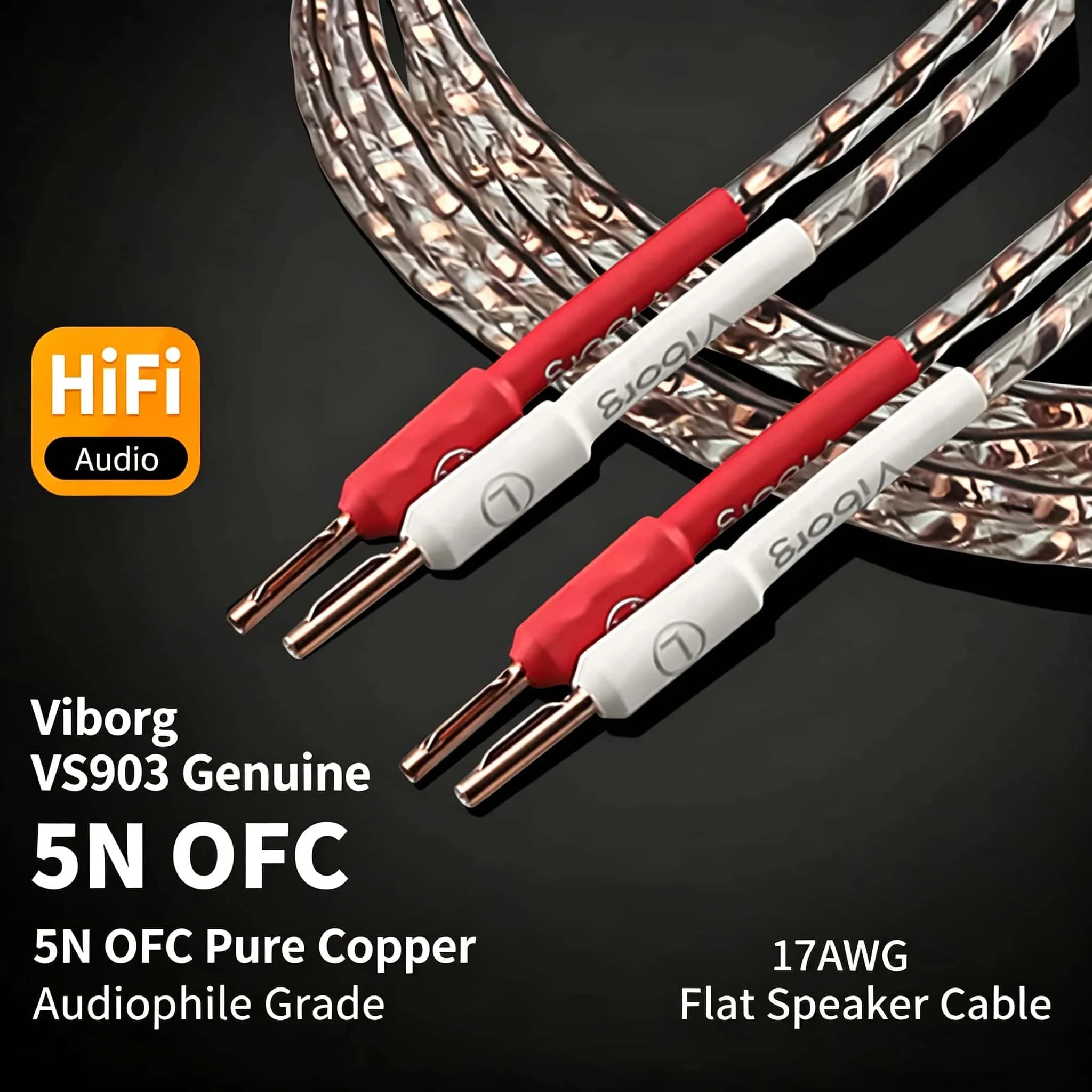 Viborg VS903 Flat Speaker Cable Pure Copper Hifi Audiophile Speaker Wire for Home Theater In-wall Under Carpet Banana Y Plug