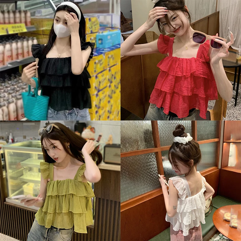 Fashion Korean Vintage Solid Color Square Neck with Ruffle Edge Sweet and Versatile Chiffon Sleeveless Suspended Tank Top