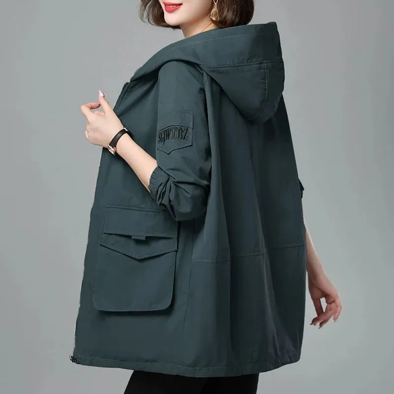 

Hooded Windbreaker Women's 2024 Spring Autumn New Jacket Korean Large Size Loose Coat Middle-Aged Aging Long Overwear Female Top