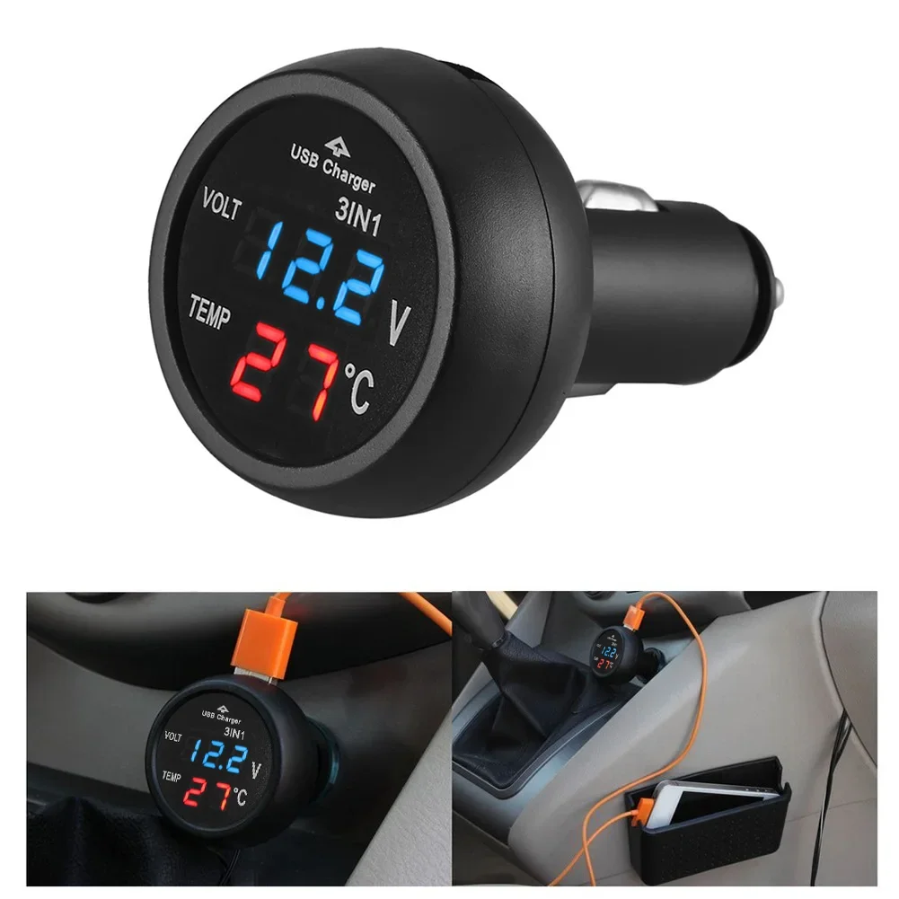 12/24V Car Volt Meter LED Digital Car Cigarette Lighter Voltmeter Thermometer USB Charger Car Battery Voltage Current Monitor