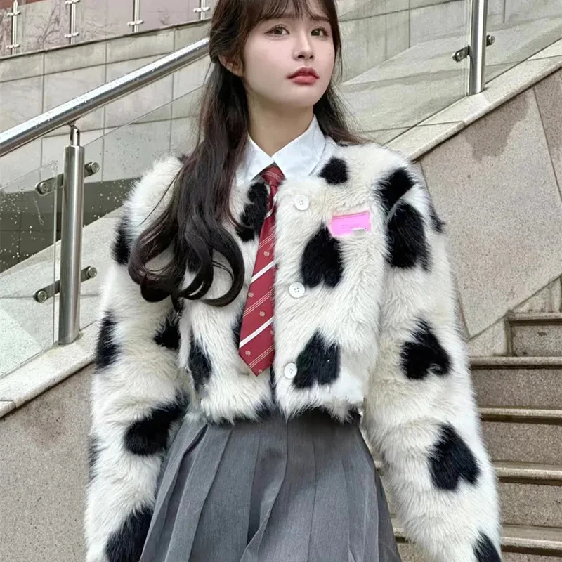 Korean Faux Fox Fur Crop Coats Women Y2K Streetwear All Match Love Hairy Fur Jackets Winter Thick Sweet Preppy Plush Outerwear