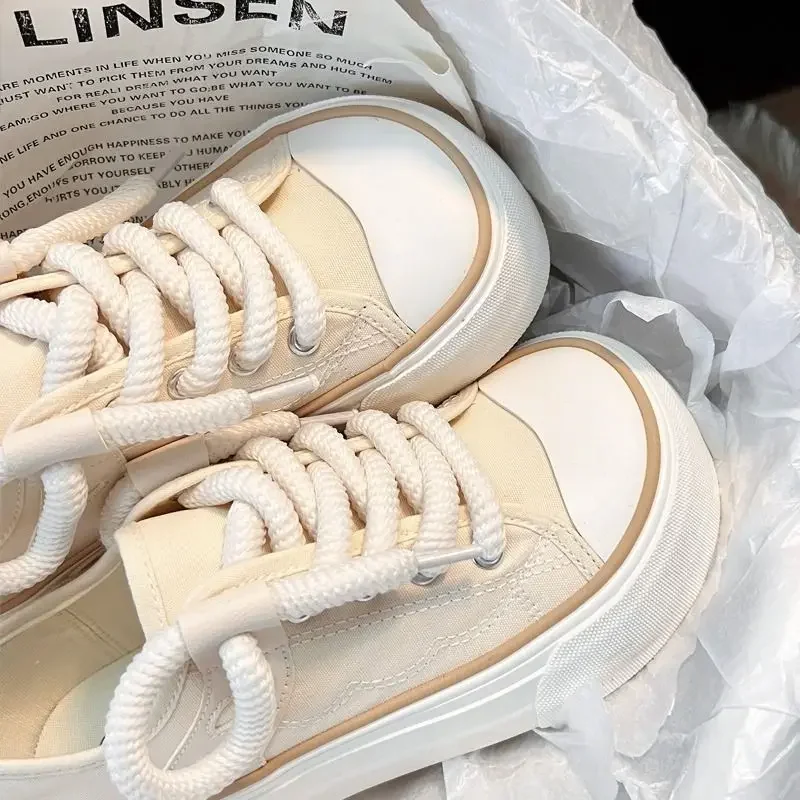 Cute High on Platform Women Footwear Canvas Lace Up Round Toe Ladies Shoes Kawaii Black New Arrival 2025 Shoe in Summer Quality