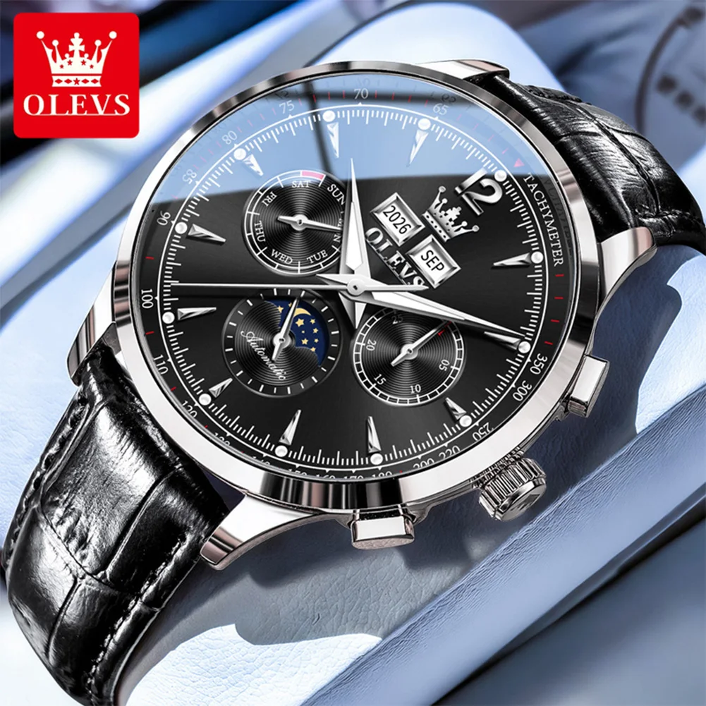 OLEVS Original Mechanical Dress Mens Watches Leather Strap Moon Phase Day Date Waterproof Luminous Wrist Watches 7128